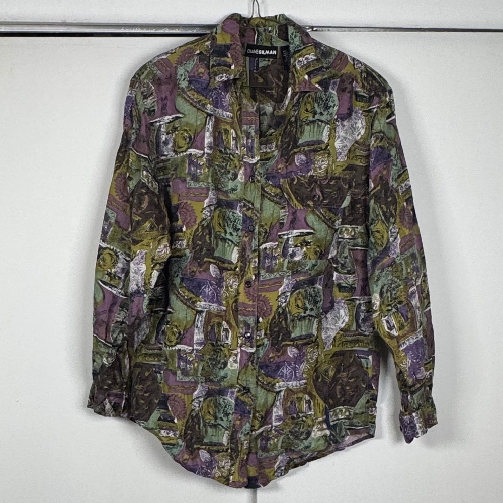 Diane Gilman Women Silk Button Down Shirt‎ Small Abstract Art Print Long Sleeve